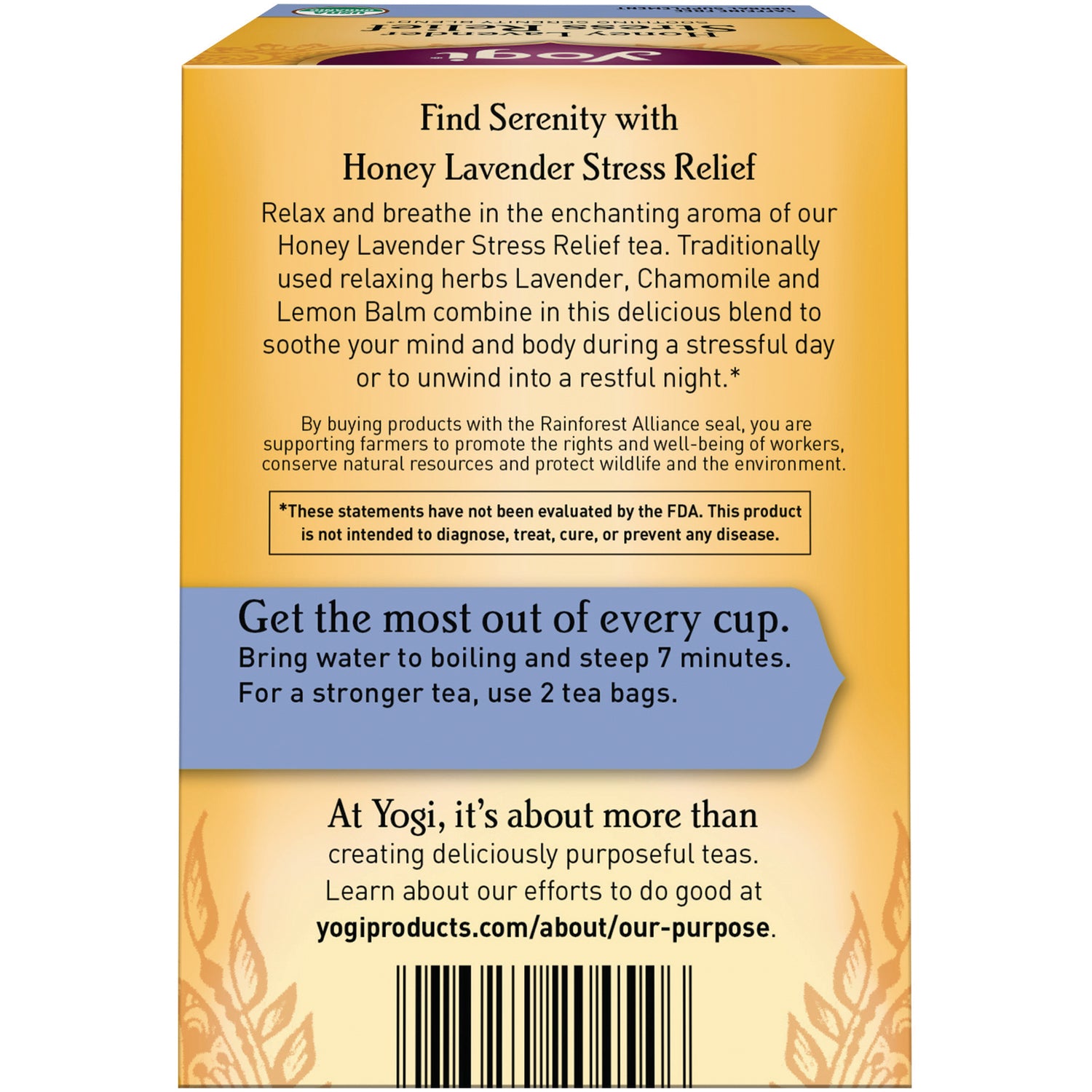 AHW058 | Back of Yogi Honey Lavender Stress Relief tea box with brewing directions, FDA disclaimer, and barcode