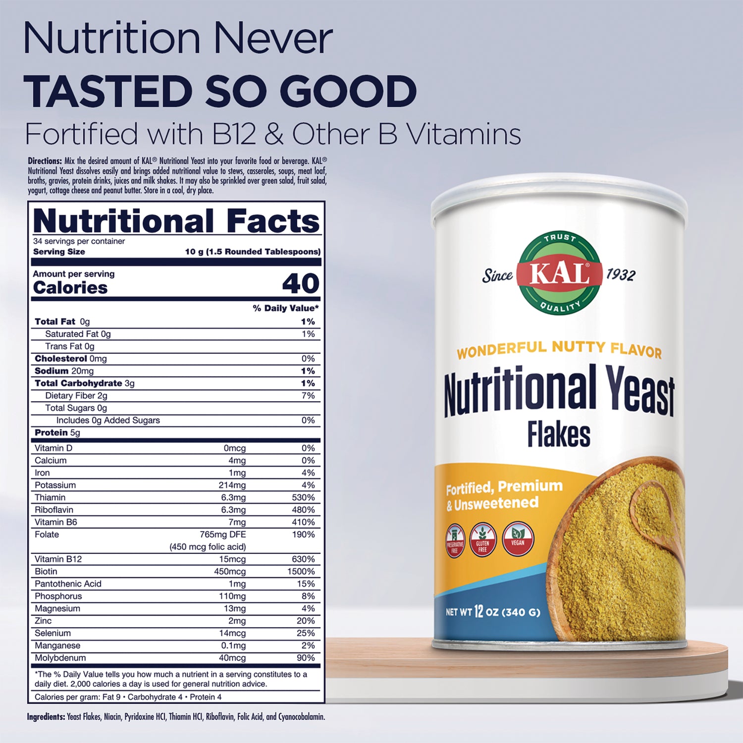 KL545 | back label showing Nutrition Facts panel and ingredients for KAL Nutritional Yeast Flakes