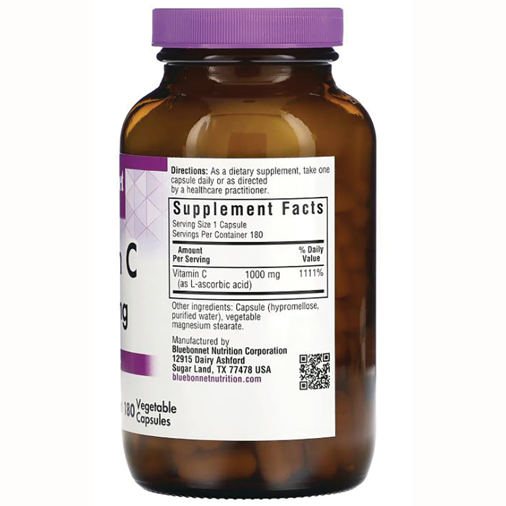 BLU124 | back label of brown supplement bottle showing Supplement Facts, Vitamin C 1000 mg, 180 vegetable capsules - Thumbnail