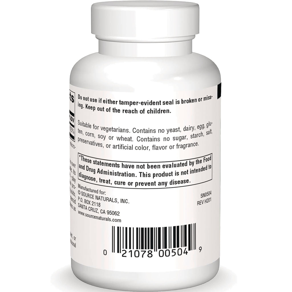 SN598 | Source Naturals supplement bottle back label with warnings, suitability info, and barcode - Thumbnail