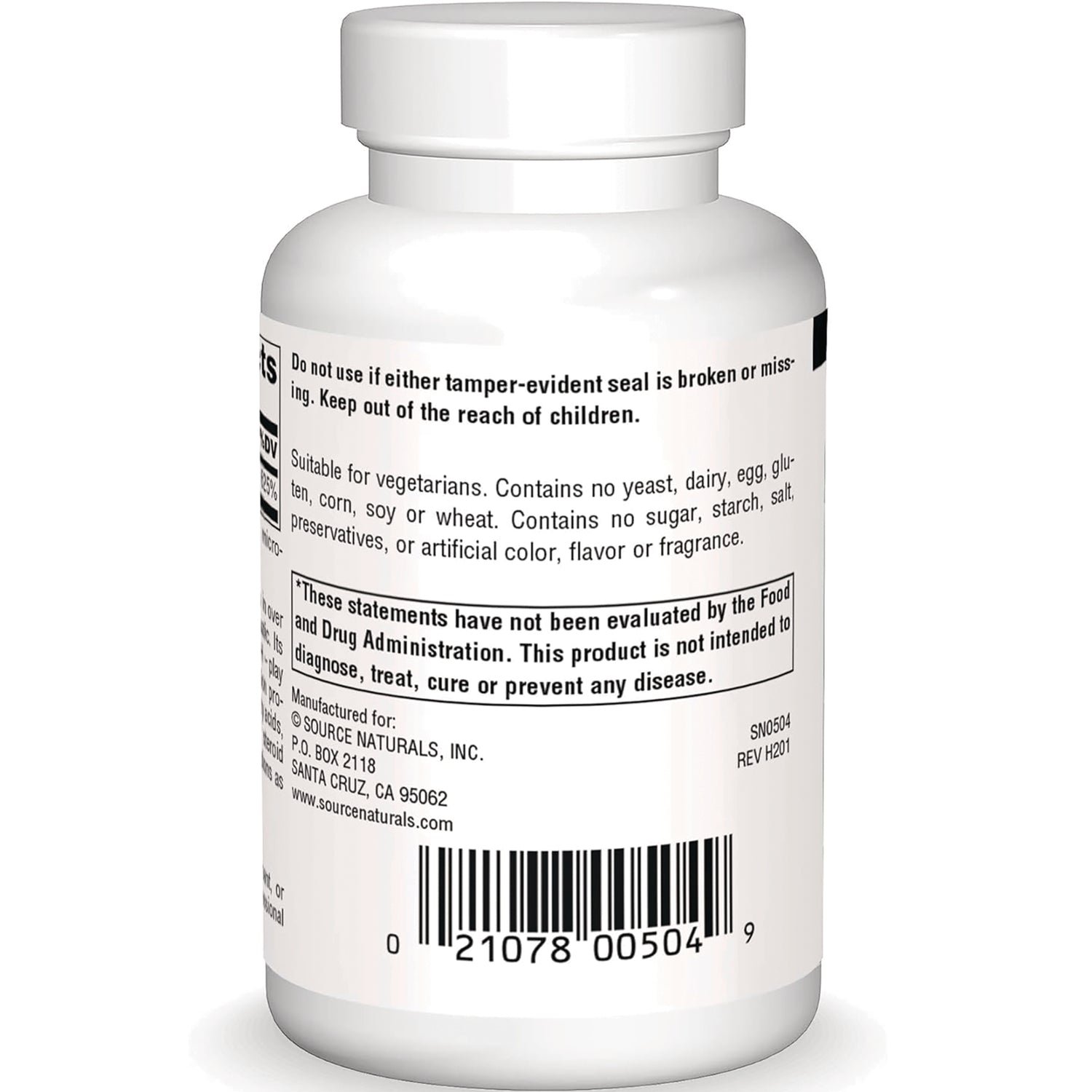 SN598 | Source Naturals supplement bottle back label with warnings, suitability info, and barcode
