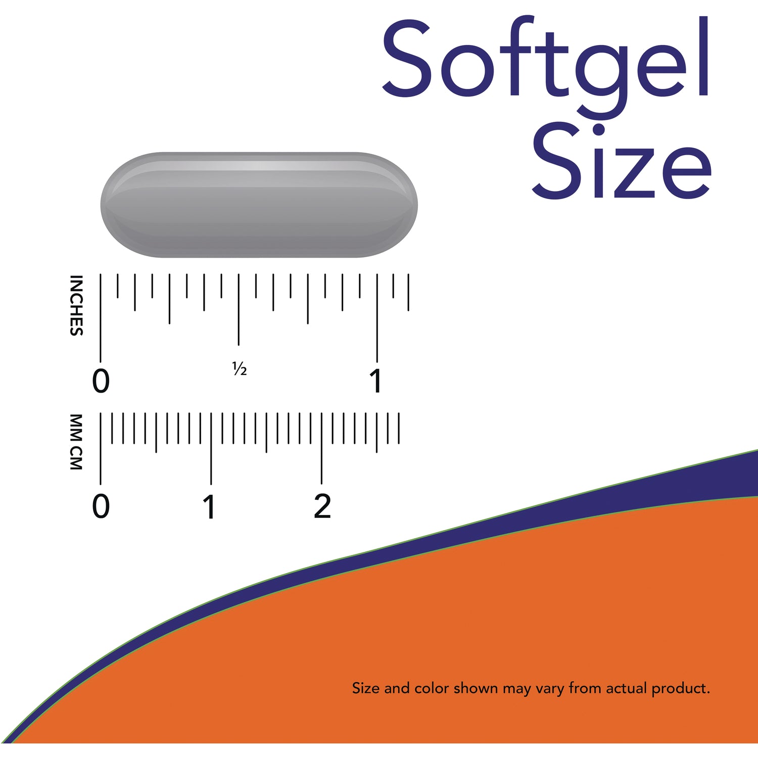 NWF438 | Softgel Size illustration with gray softgel capsule above inch and millimeter rulers