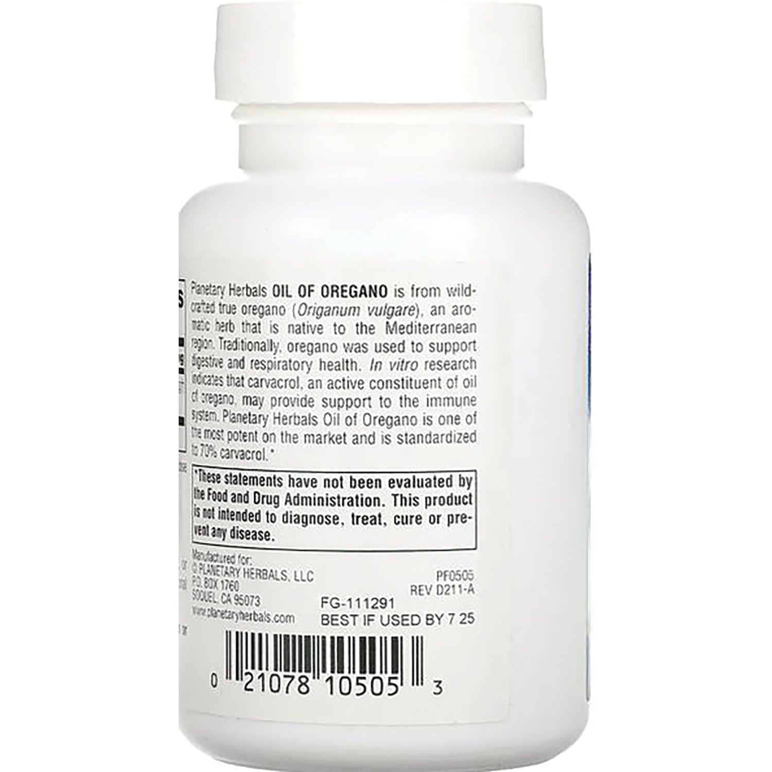 PF172 | Back of white supplement bottle showing ingredient text, FDA disclaimer and barcode