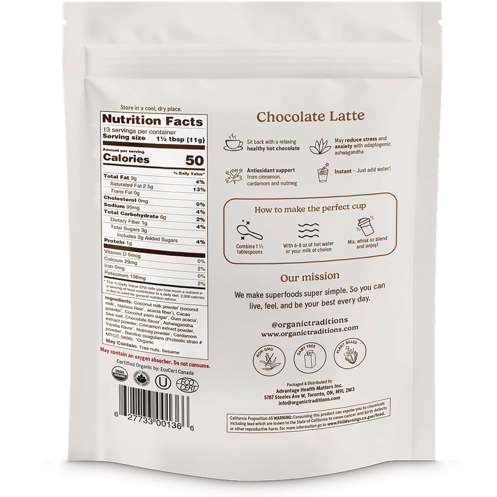 OTR097 | Back of Chocolate Latte pouch showing Nutrition Facts, ingredients, preparation steps, barcode and brand mission - Thumbnail