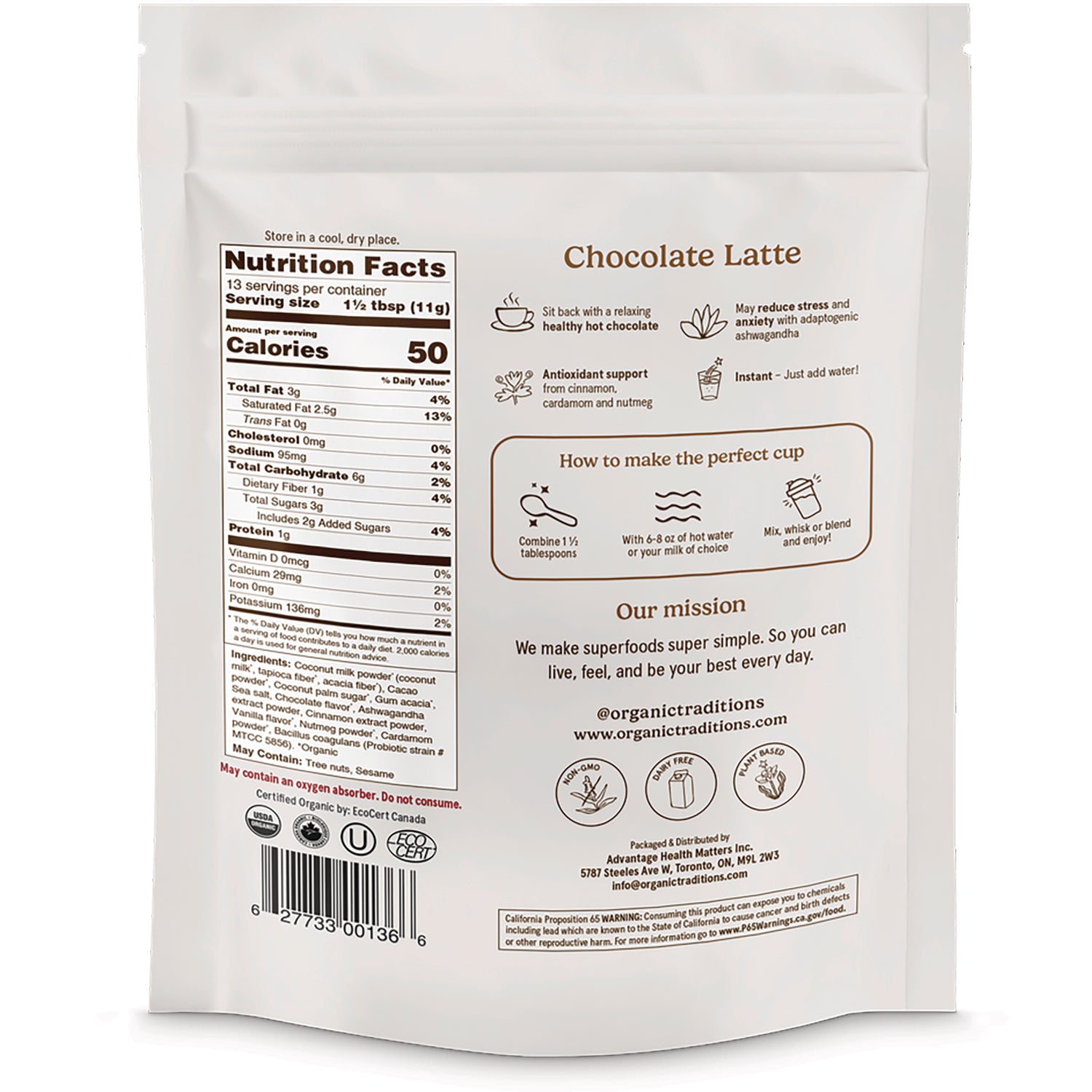 OTR097 | Back of Chocolate Latte pouch showing Nutrition Facts, ingredients, preparation steps, barcode and brand mission