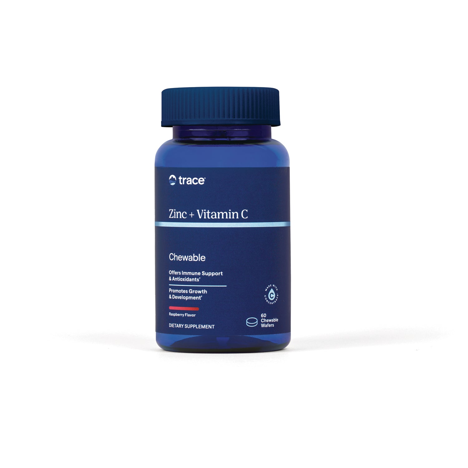 TM127 | Trace Zinc + Vitamin C chewable supplement bottle, Raspberry flavor, 60 wafers
