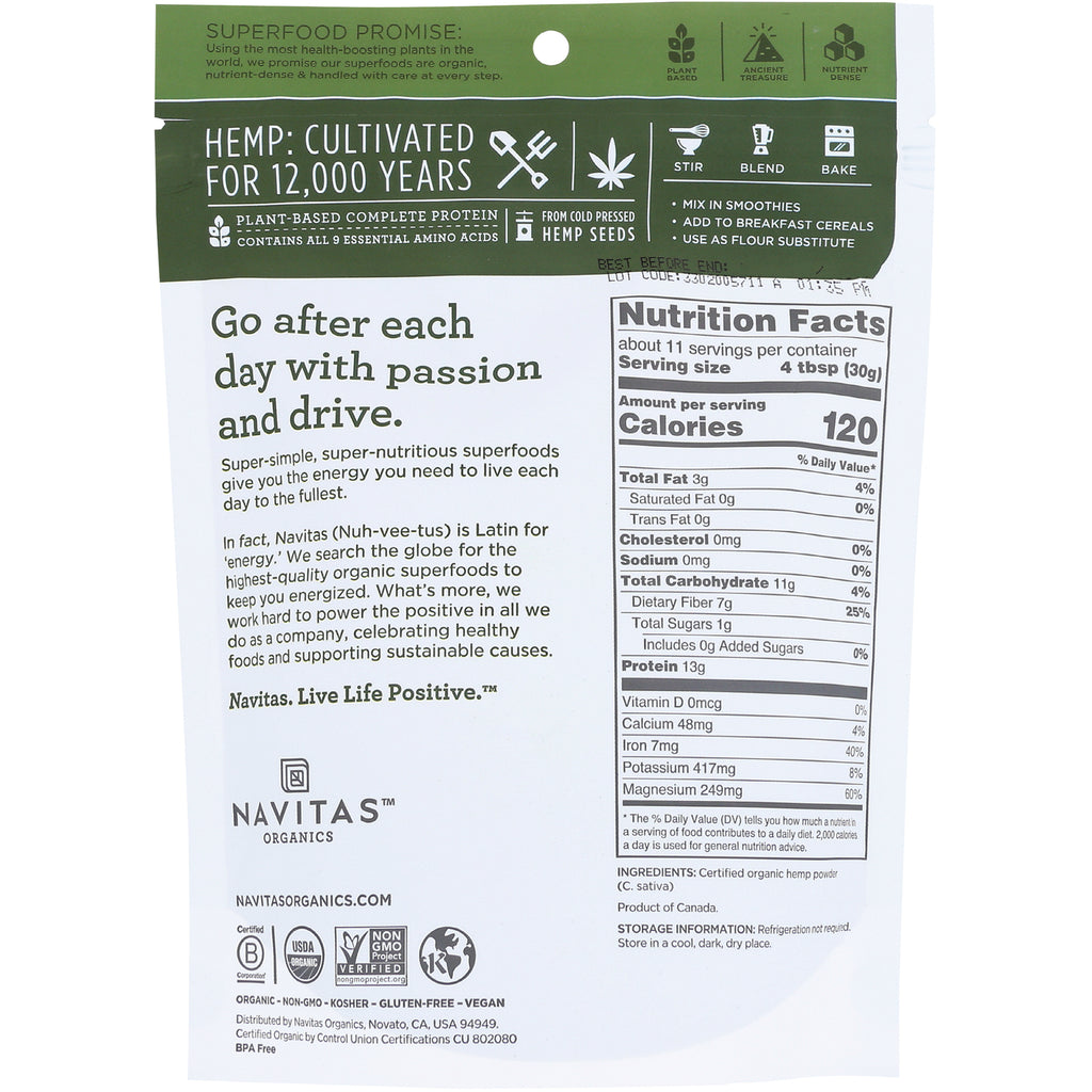NAV030 | Back of Navitas hemp seed powder pouch showing Nutrition Facts panel and product description - Thumbnail