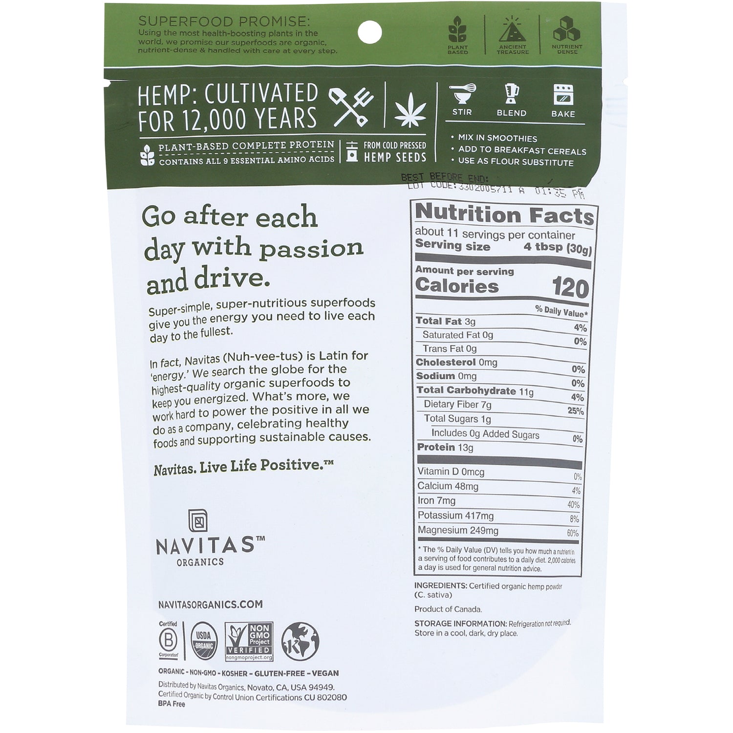 NAV030 | Back of Navitas hemp seed powder pouch showing Nutrition Facts panel and product description
