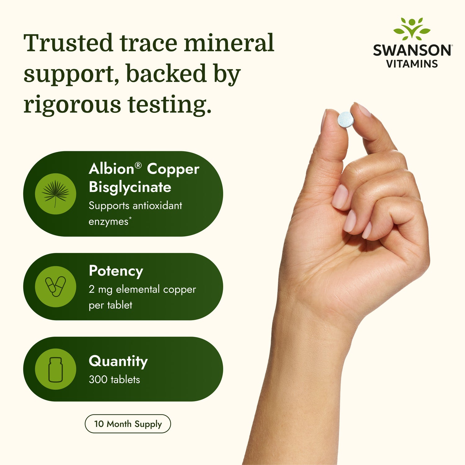 SW223 | Swanson Vitamins infographic highlighting Albion Copper Bisglycinate, 2 mg potency, 300 tablets, and 10-month supply
