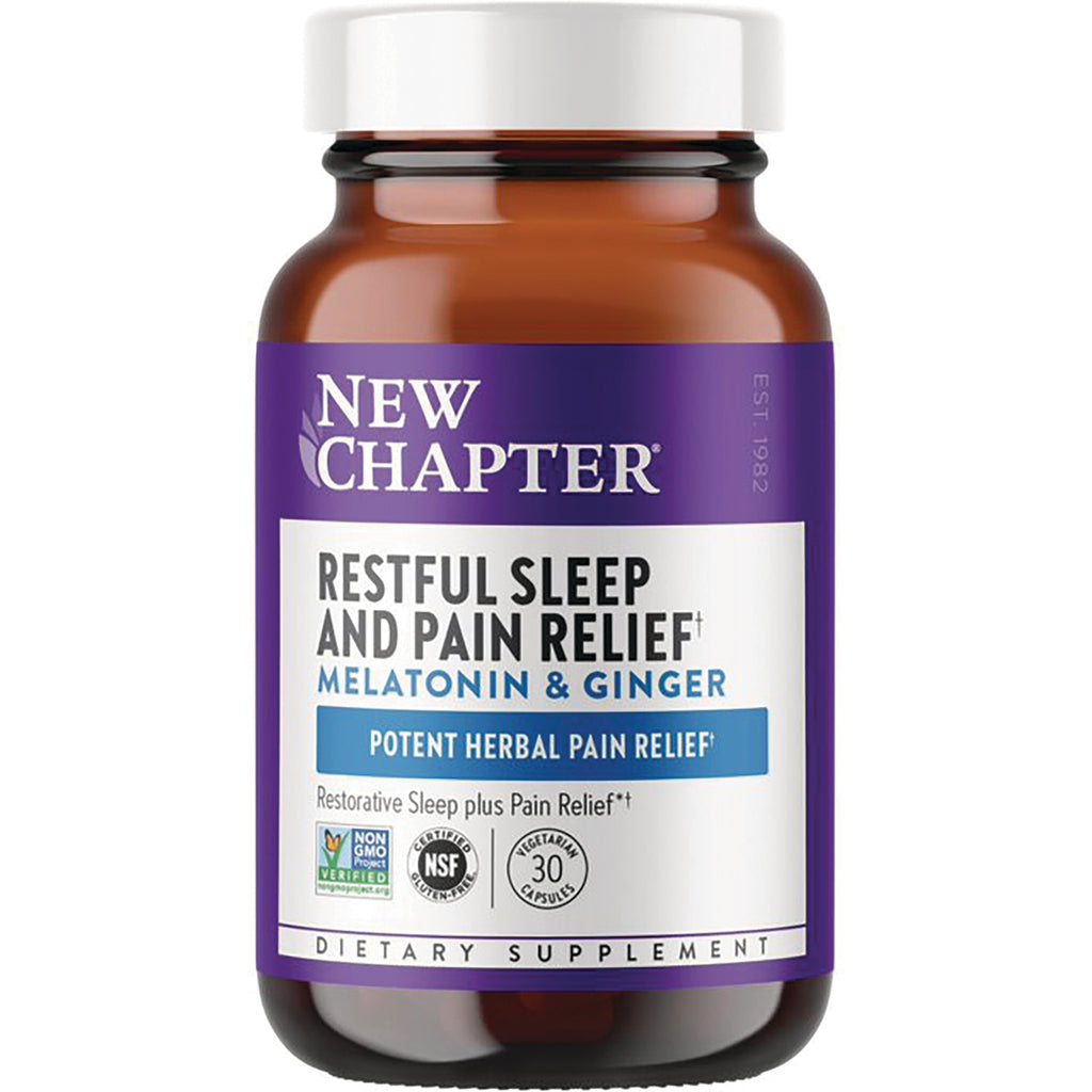 NWC359 | New Chapter Restful Sleep and Pain Relief melatonin and ginger dietary supplement bottle with purple label, 30 capsules - Thumbnail