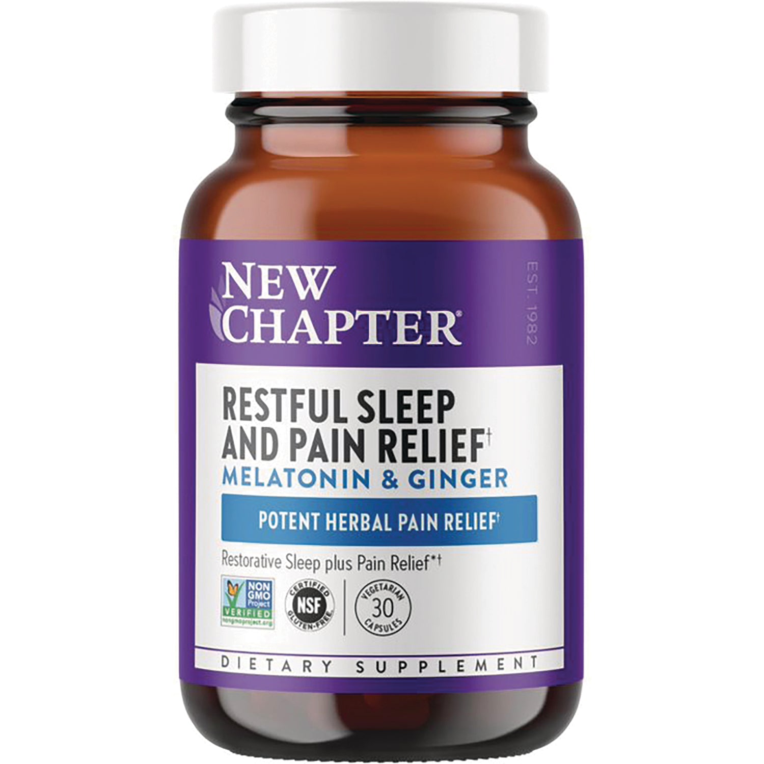 NWC359 | New Chapter Restful Sleep and Pain Relief melatonin and ginger dietary supplement bottle with purple label, 30 capsules