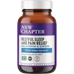 NWC359 | New Chapter Restful Sleep and Pain Relief melatonin and ginger dietary supplement bottle with purple label, 30 capsules