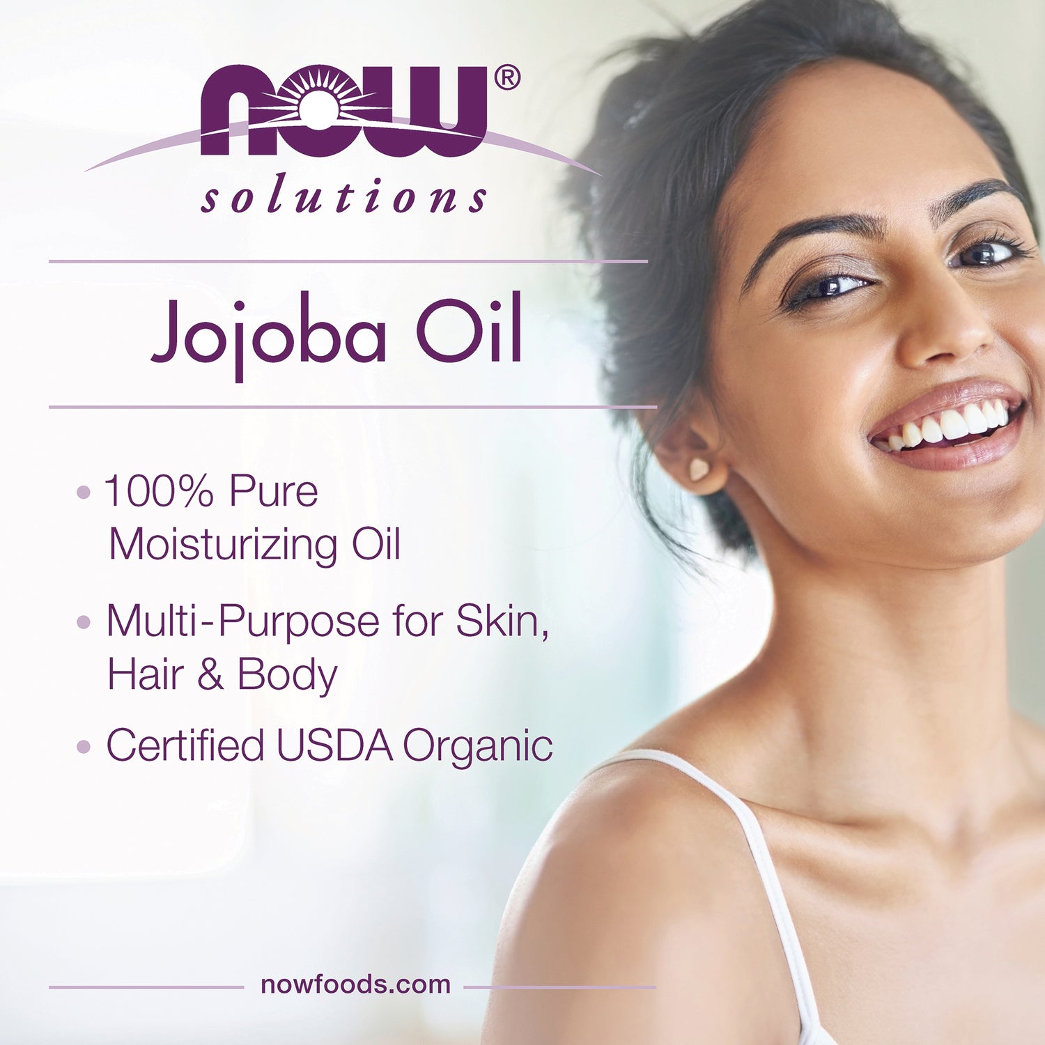 NWF1124 | Jojoba Oil product infographic listing 100% pure moisturizing oil, multi-purpose for skin, hair and body, certified USDA Organic
