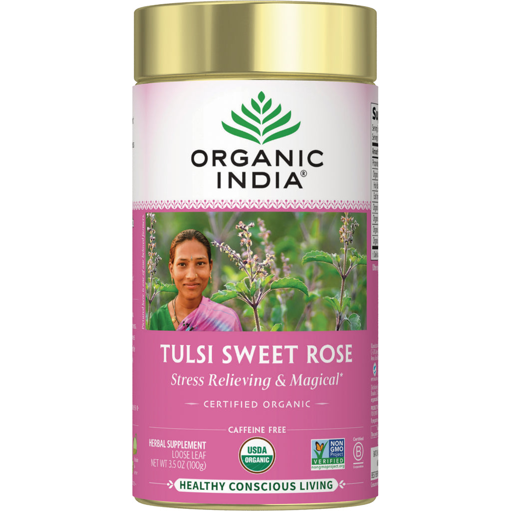 RGN067 | Organic India Tulsi Sweet Rose loose leaf tea canister with pink label showing a woman and herb plants - Thumbnail