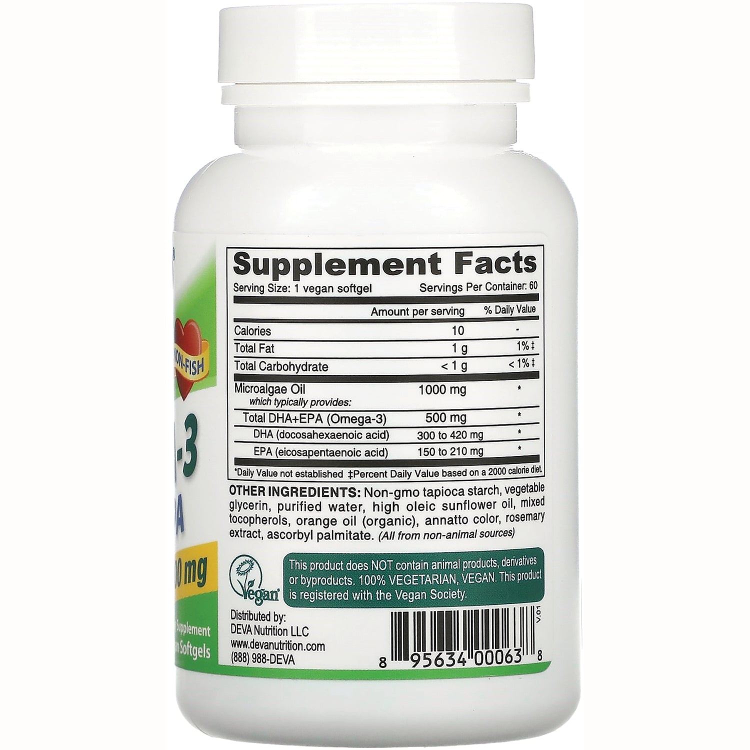 DEV041 | Back of white supplement bottle showing Supplement Facts panel, ingredients list, and barcode