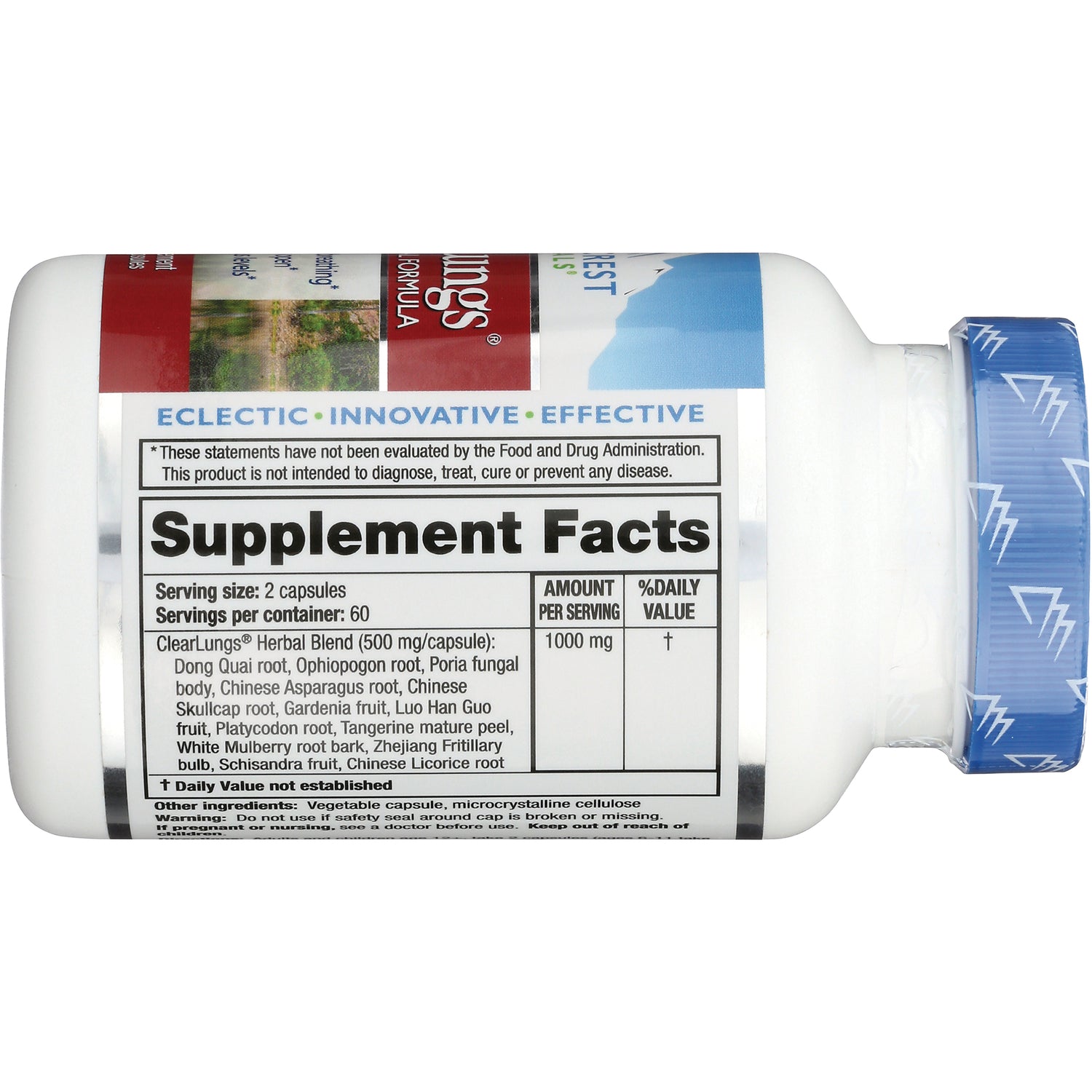 PH043 | back of white supplement bottle on its side showing Supplement Facts panel and blue childproof cap