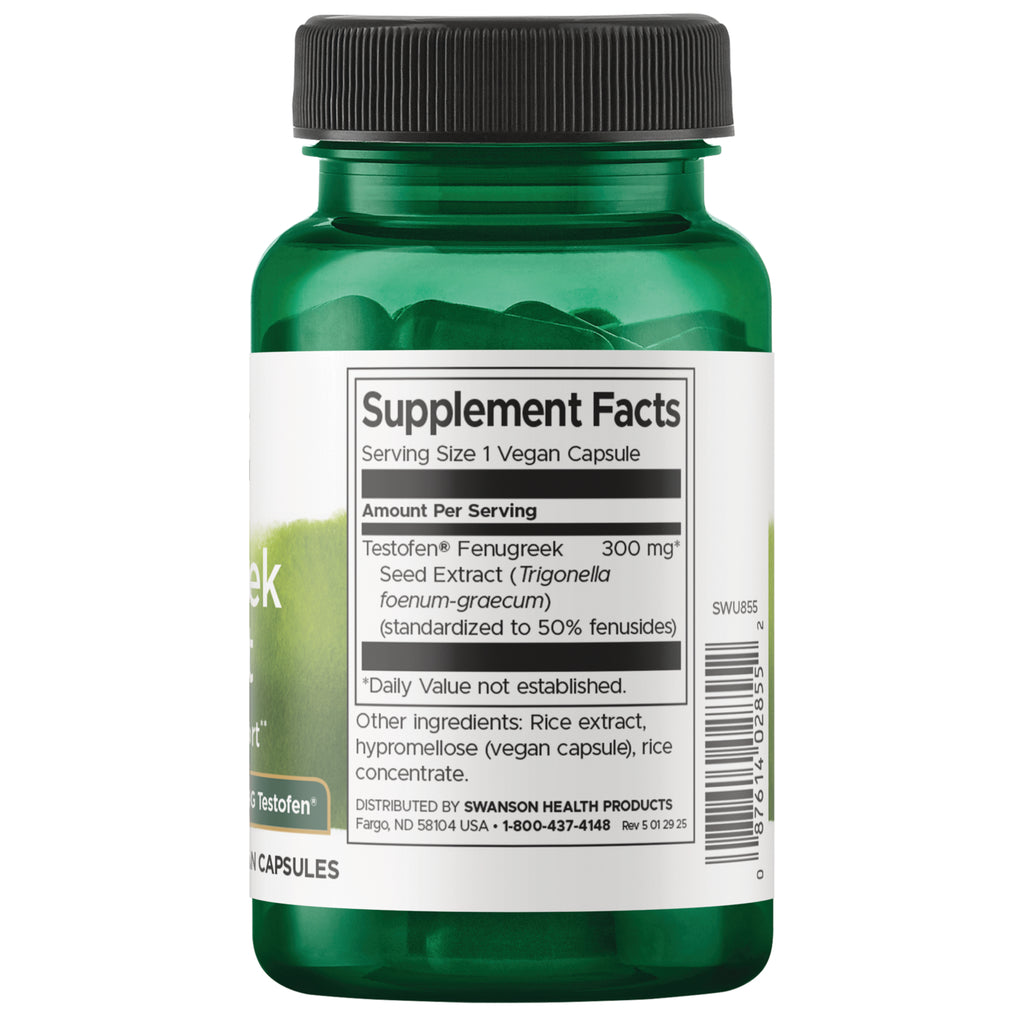 SWU855 | Back label with Supplement Facts for fenugreek seed extract, serving size 1 vegan capsule, 300 mg - Thumbnail