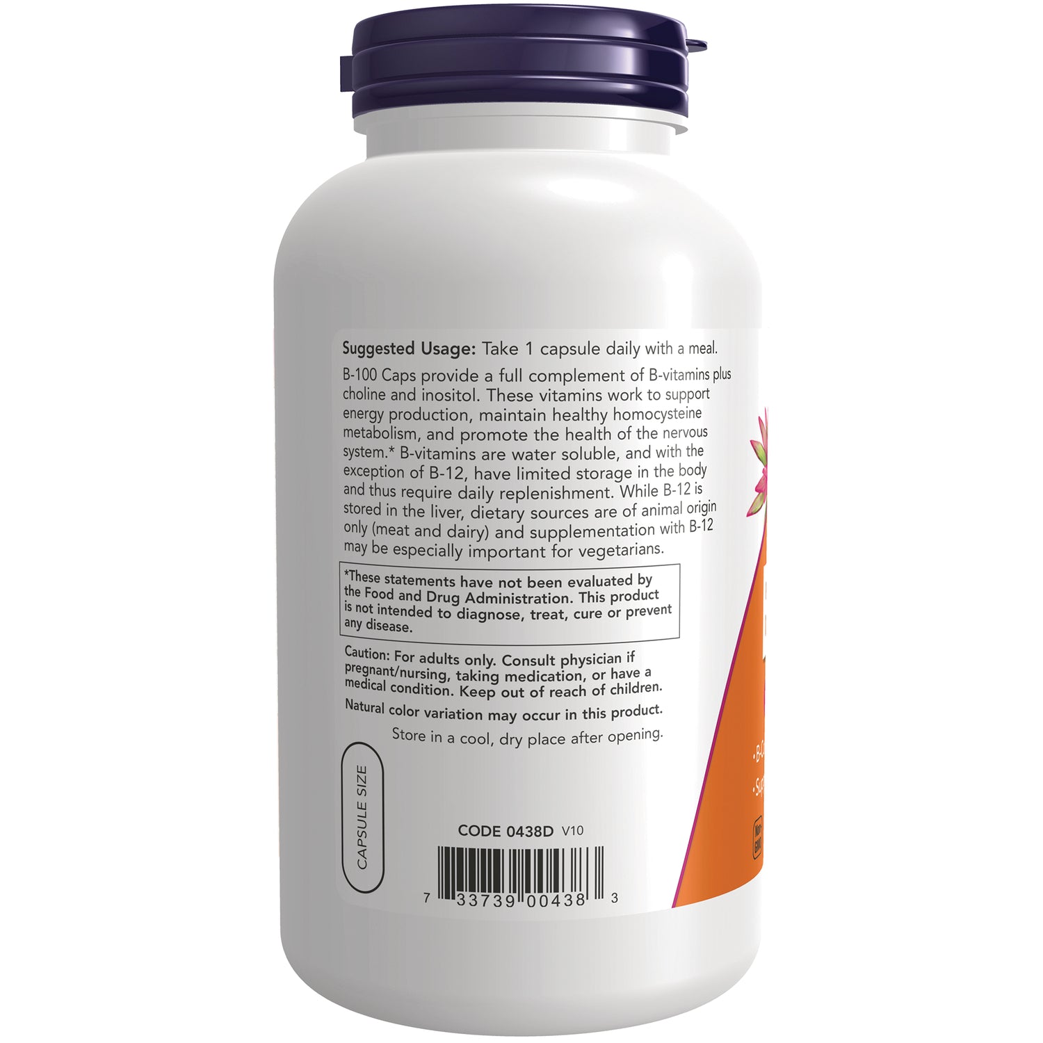 NWF856 | Back label of supplement bottle showing suggested usage, caution text, and barcode