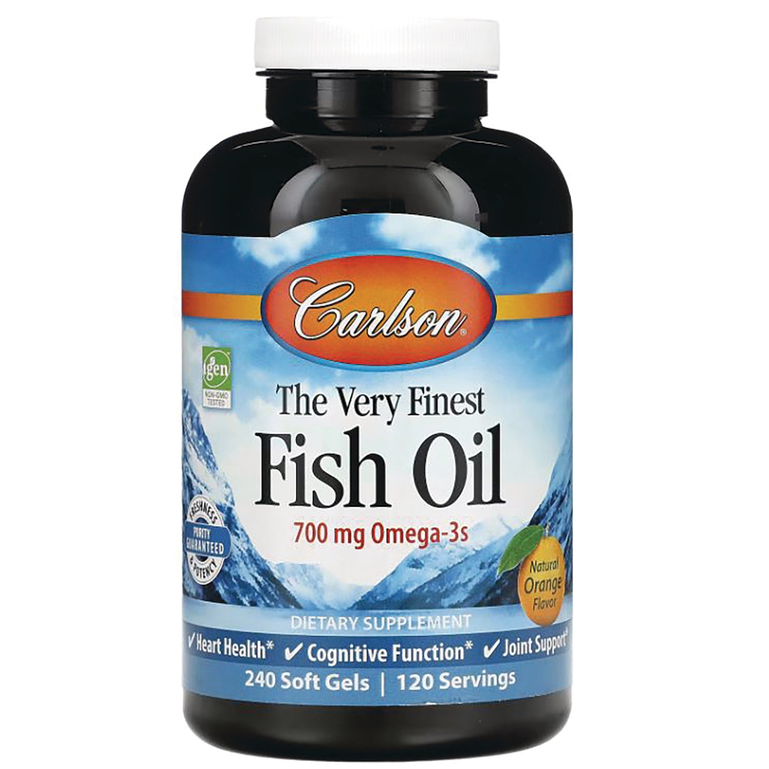 CSN016 | Carlson The Very Finest Fish Oil 700 mg Omega-3s natural orange flavor 240 soft gels front label