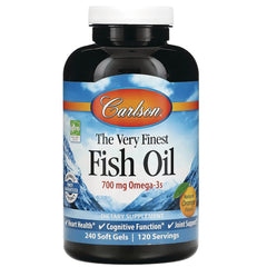 CSN016 | Carlson The Very Finest Fish Oil 700 mg Omega-3s natural orange flavor 240 soft gels front label