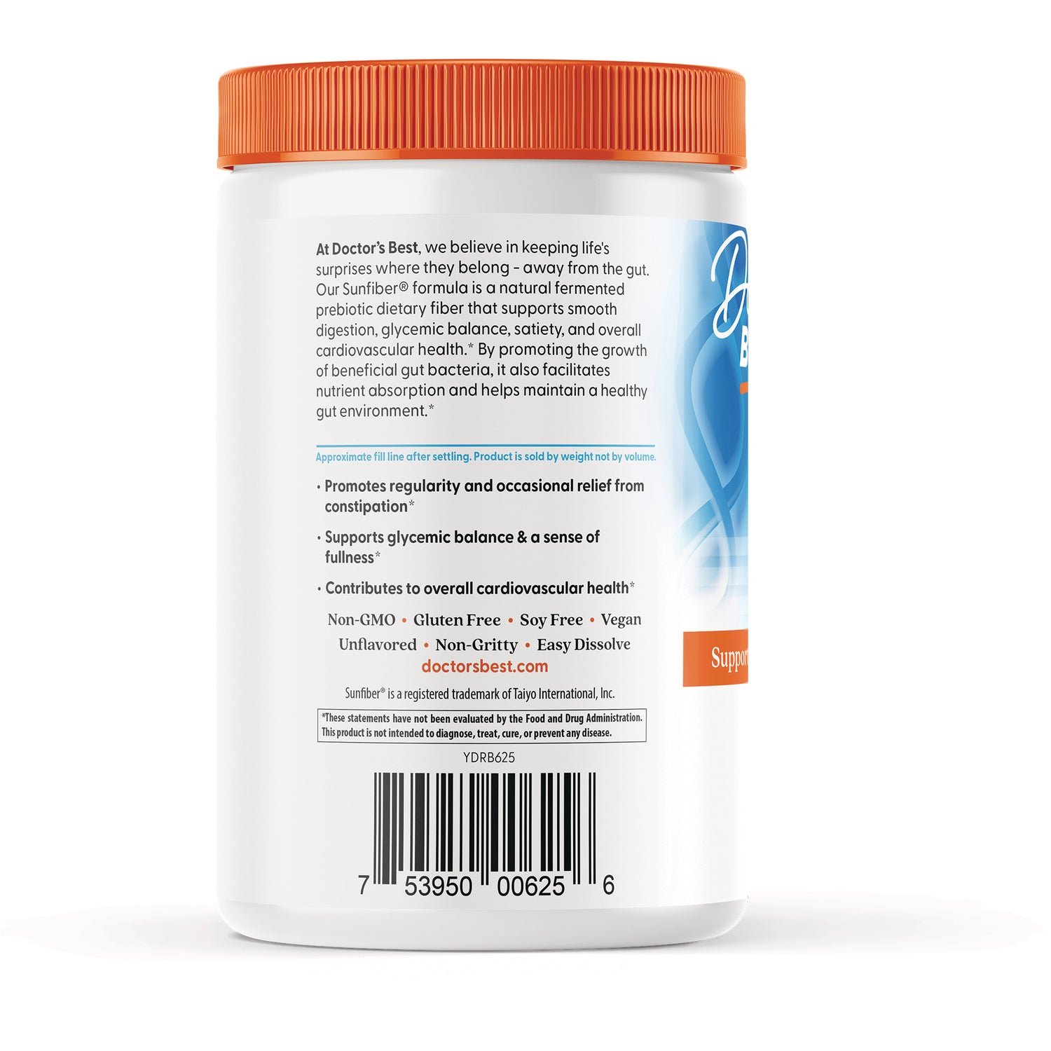 DB306 | Back of white supplement jar with orange lid showing label text about promoting regularity, product claims and barcode