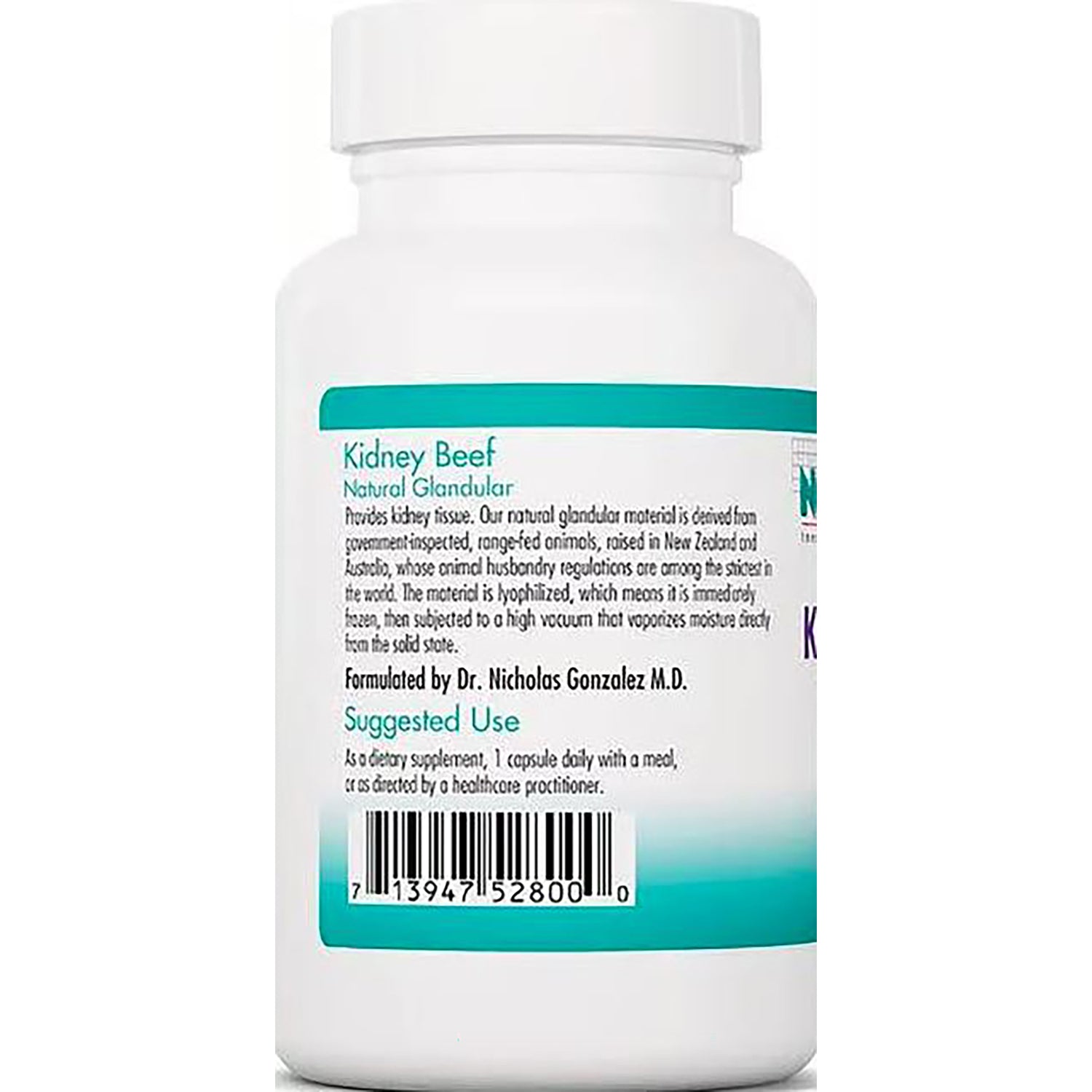 NCL091 | Back label of white supplement bottle showing Kidney Beef Natural Glandular text, suggested use and barcode