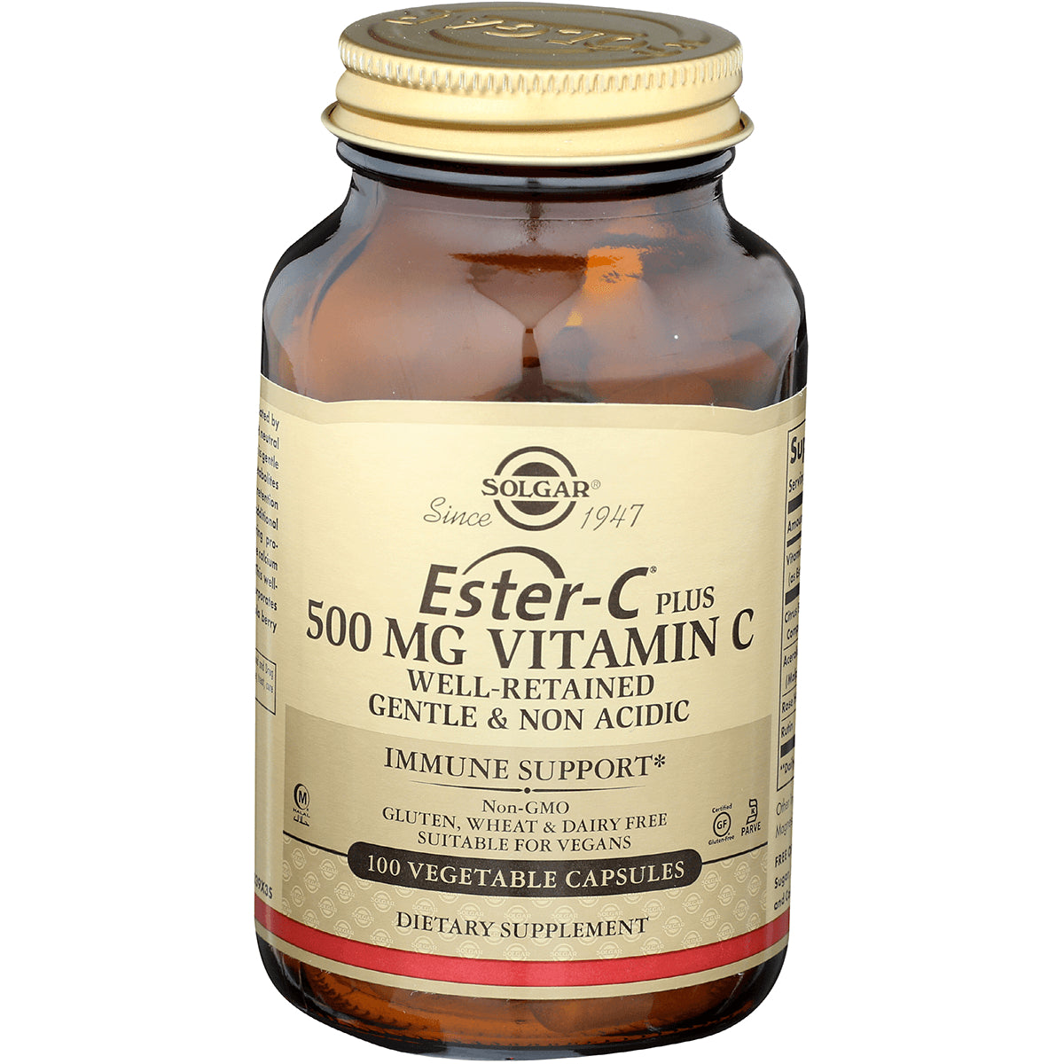 SLG219 | Solgar Ester-C 500 MG Vitamin C bottle front label, 100 vegetable capsules, dietary supplement