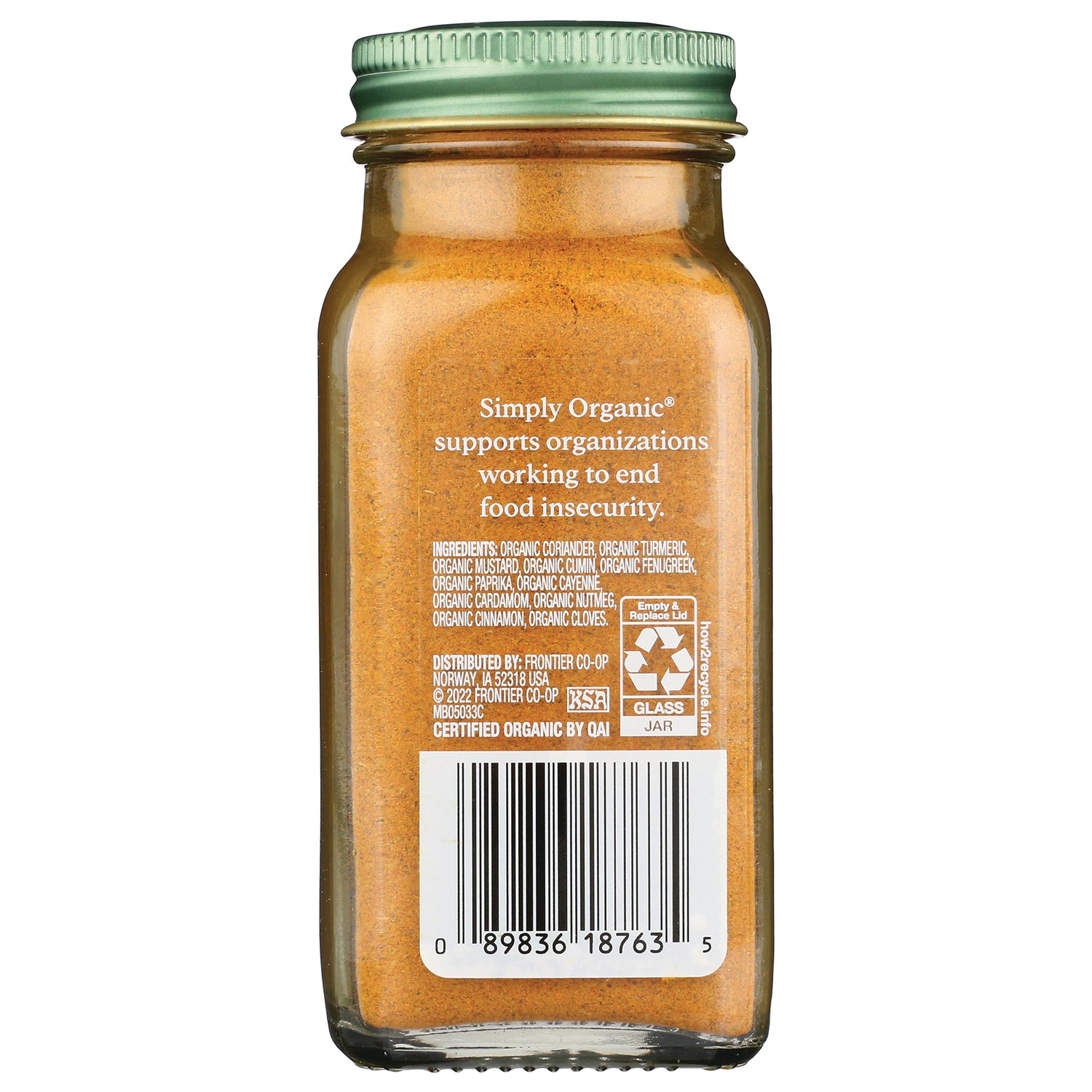 SMP012 | back label of glass spice jar showing ingredients text, recycling icons and barcode