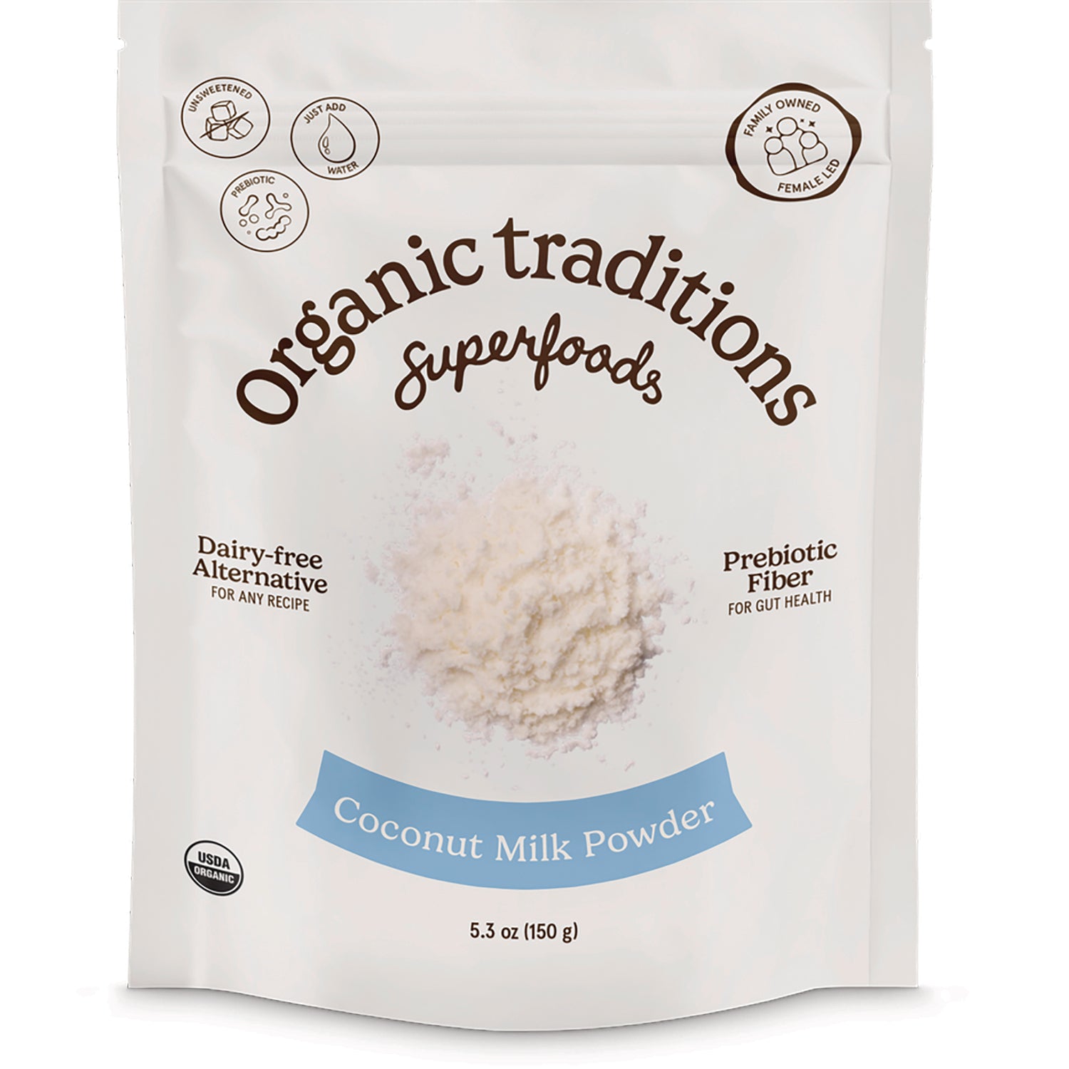 OTR083 | Organic Traditions Coconut Milk Powder pouch front labeled 5.3 oz (150 g)