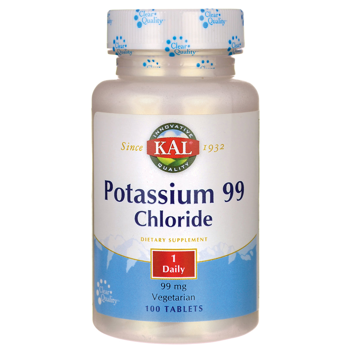 KL478 | KAL Potassium 99 Chloride dietary supplement bottle labeled 1 Daily 99 mg Vegetarian 100 tablets
