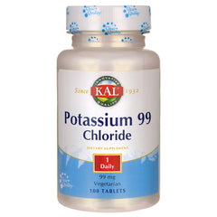 KL478 | KAL Potassium 99 Chloride dietary supplement bottle labeled 1 Daily 99 mg Vegetarian 100 tablets