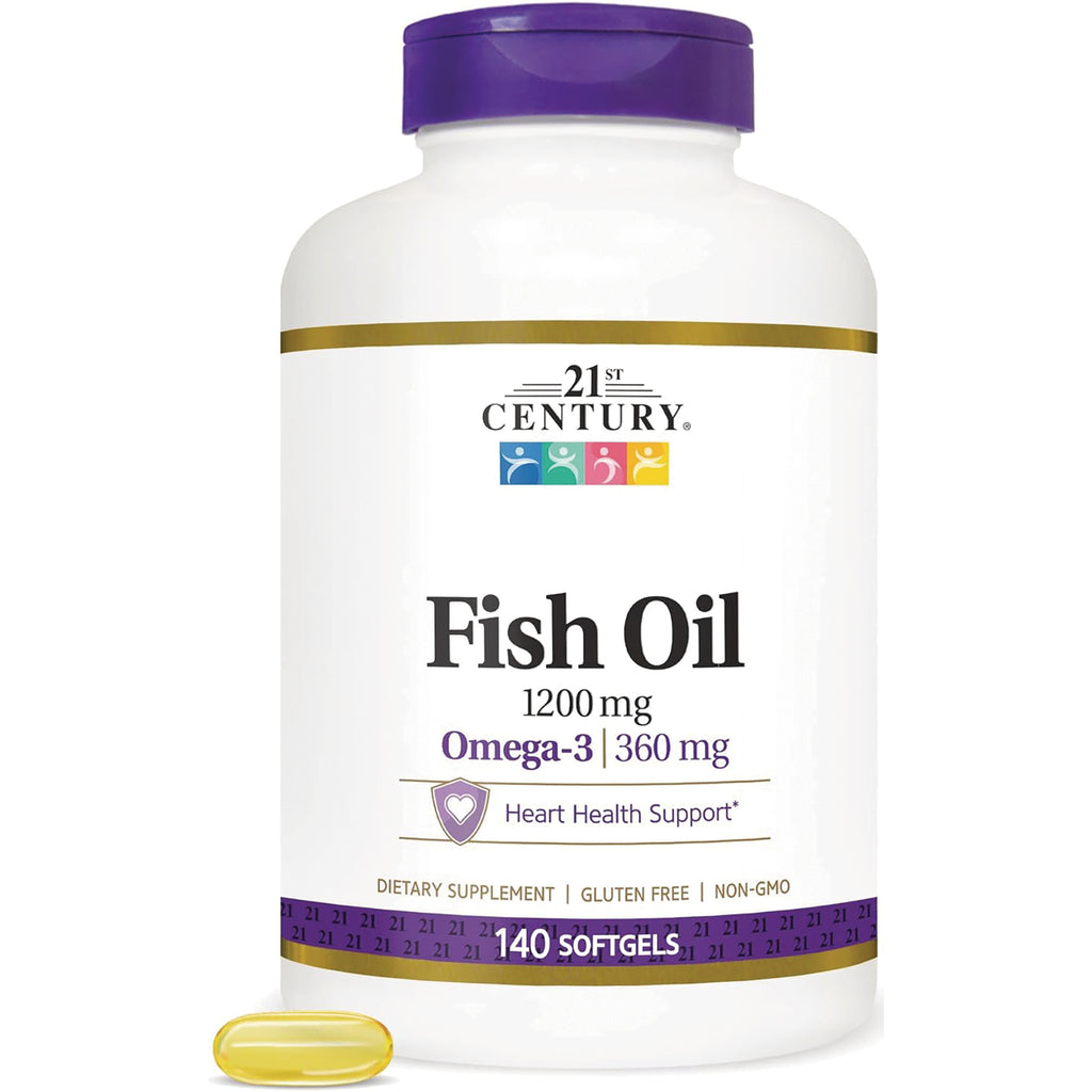 CNT205 | 21st Century Fish Oil 1200 mg, Omega-3 360 mg, 140 softgels in white bottle with purple cap and one yellow softgel - Thumbnail