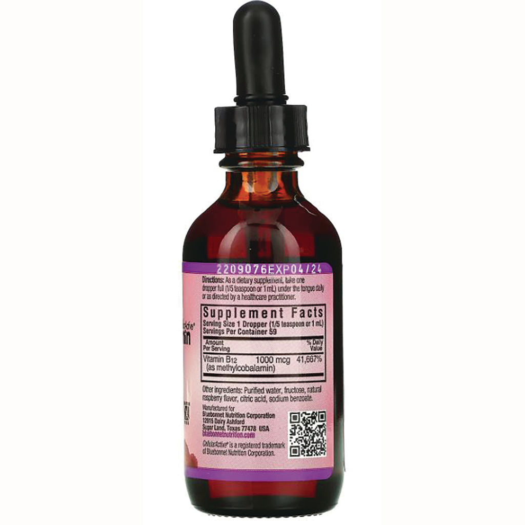 BLU094 | Back label of amber dropper bottle showing Supplement Facts and Vitamin B12 1000 mcg - Thumbnail