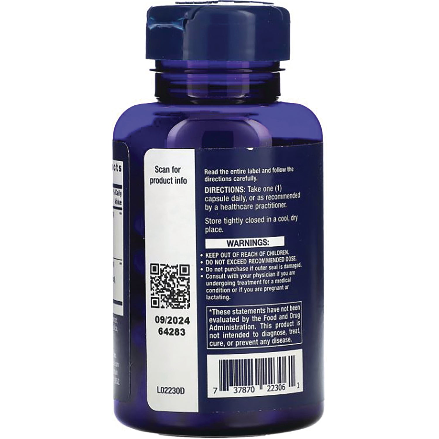 LE557 | Back of dark blue supplement bottle showing directions, warnings, QR code and barcode
