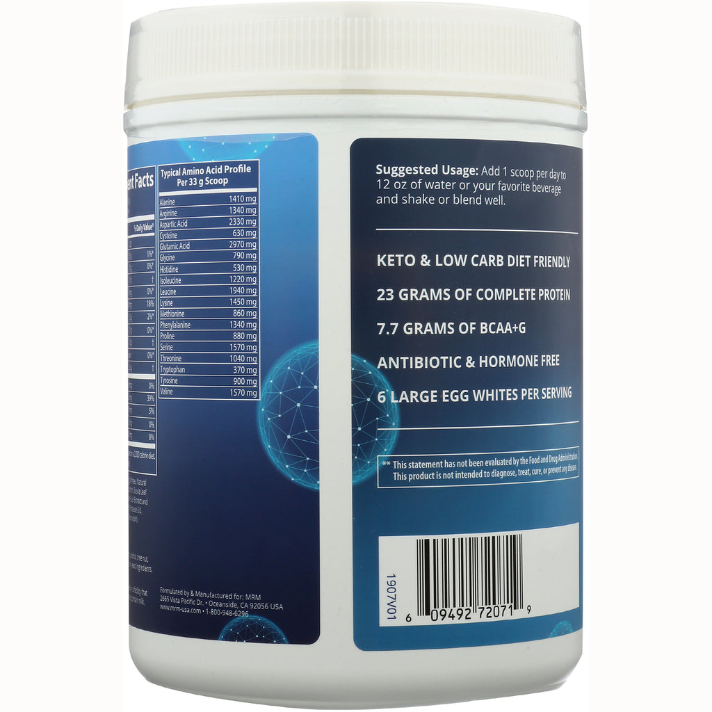 MRM015 | Back label of white supplement tub showing nutrition facts, suggested usage, product claims and barcode - Thumbnail