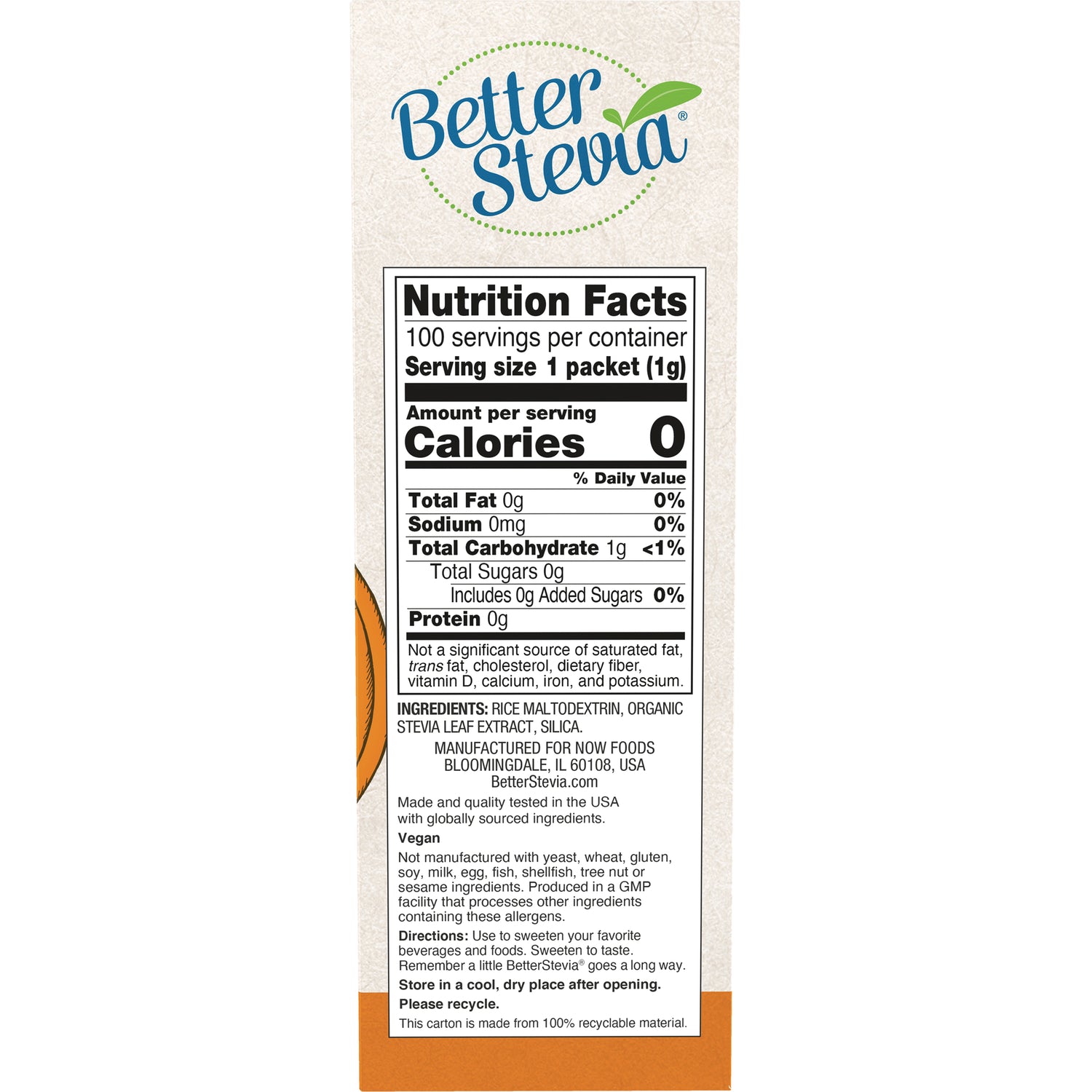 NWF094 | Back panel showing Nutrition Facts, ingredients, vegan note and directions for Better Stevia packets