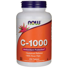 NWF1003 | NOW C-1000 vitamin C bottle with orange label, 250 tablets, sustained release with rose hips