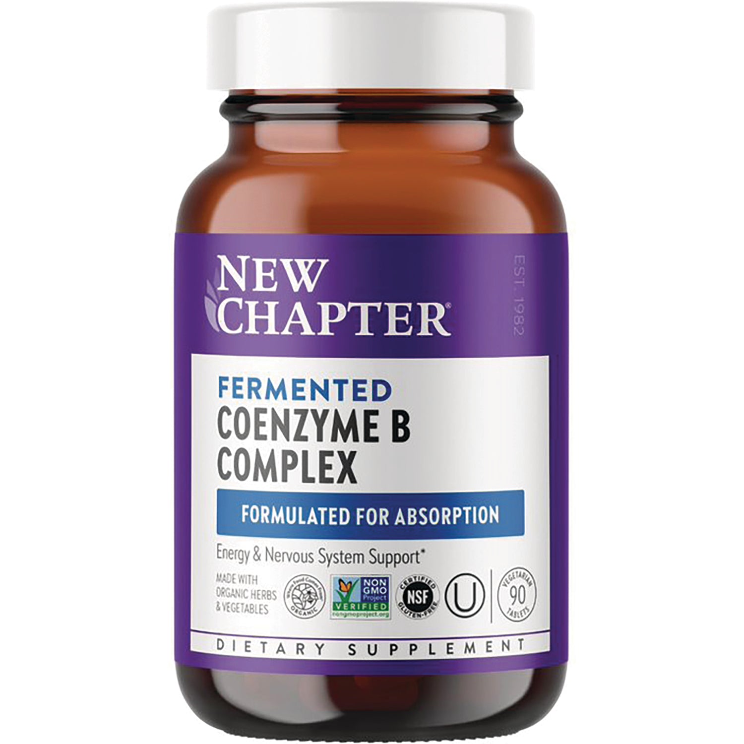 NWC301 | New Chapter fermented Coenzyme B Complex supplement bottle with purple label and white cap, 90 vegetarian tablets