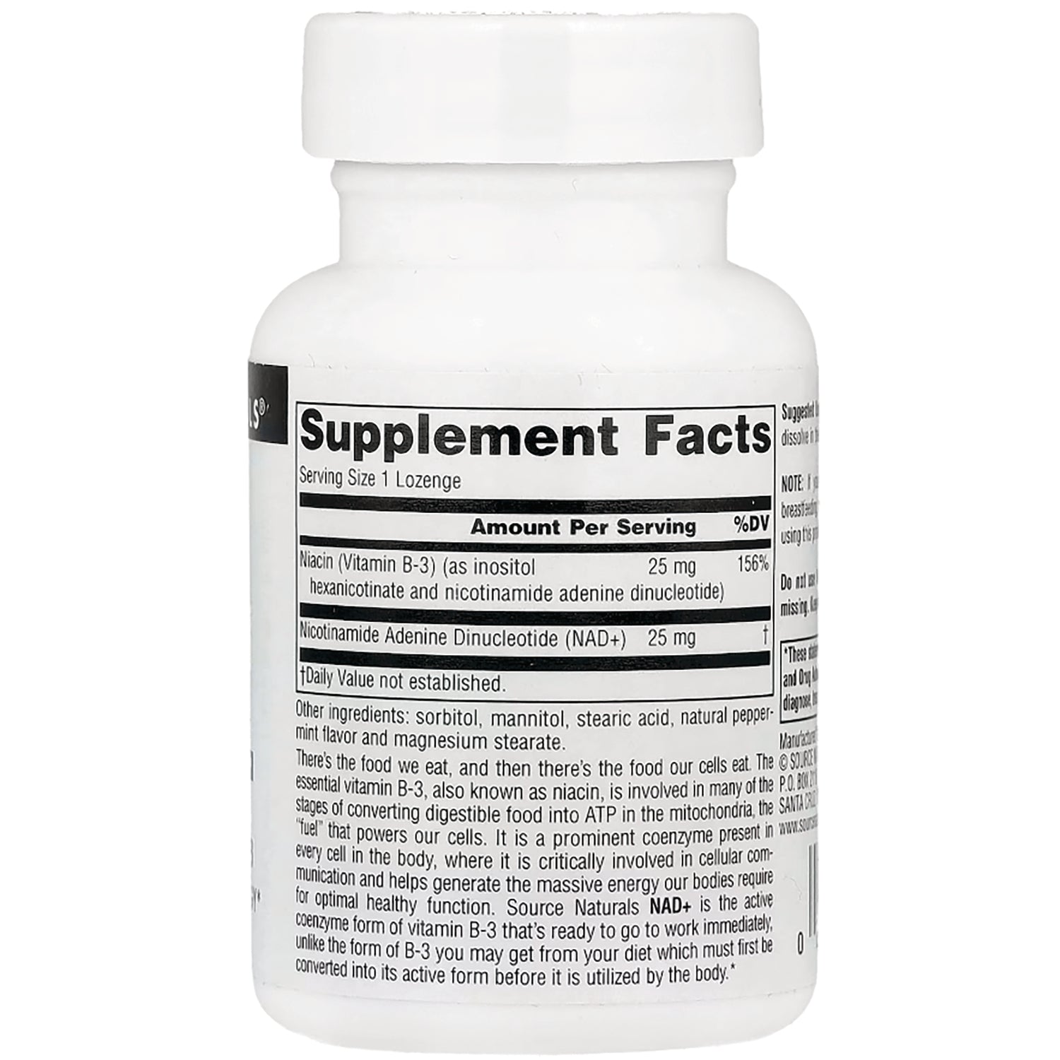 SN285 | Back label with Supplement Facts for NAD+ lozenges