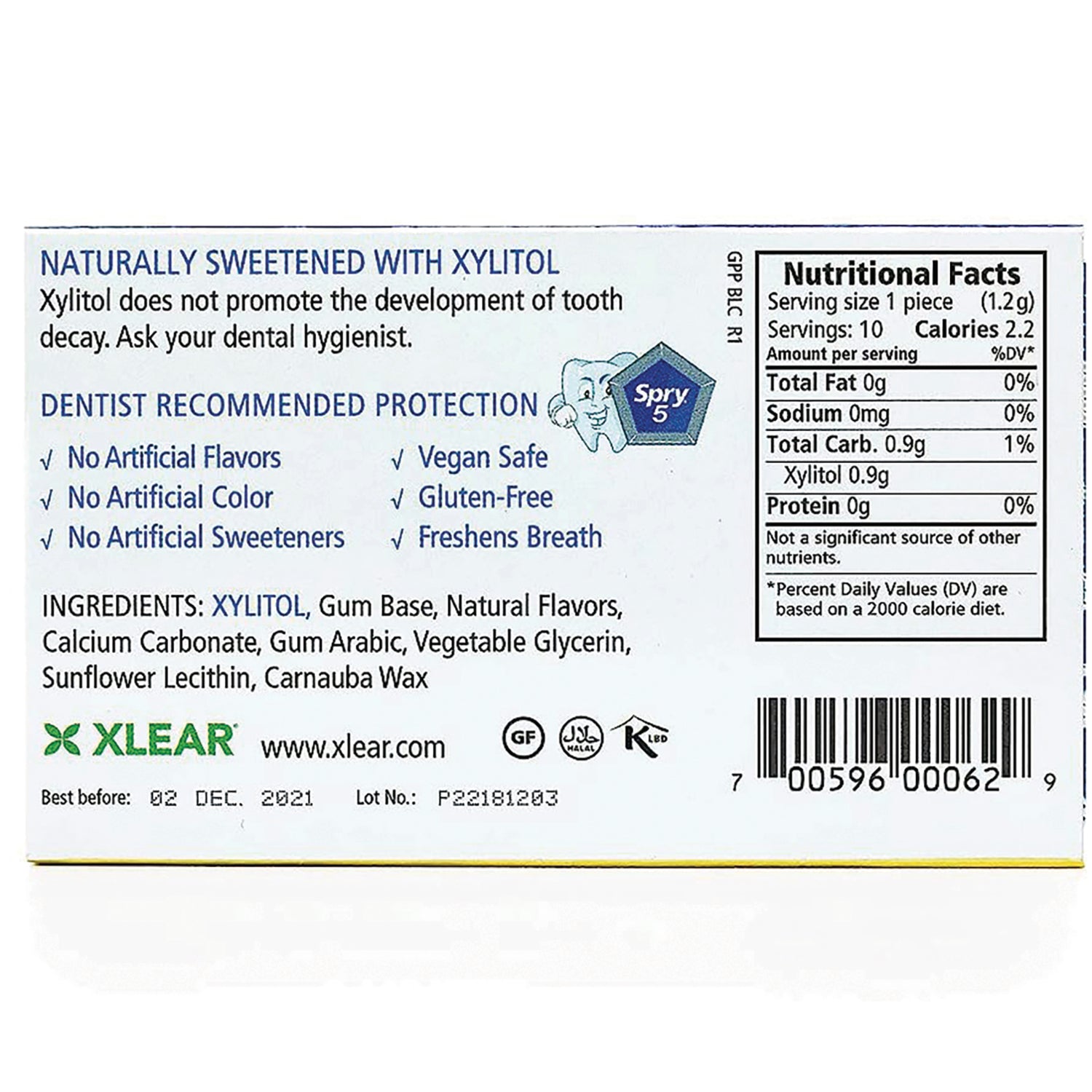 XL017 | Back panel with nutrition facts and ingredients; Naturally Sweetened with Xylitol, Dentist Recommended Protection