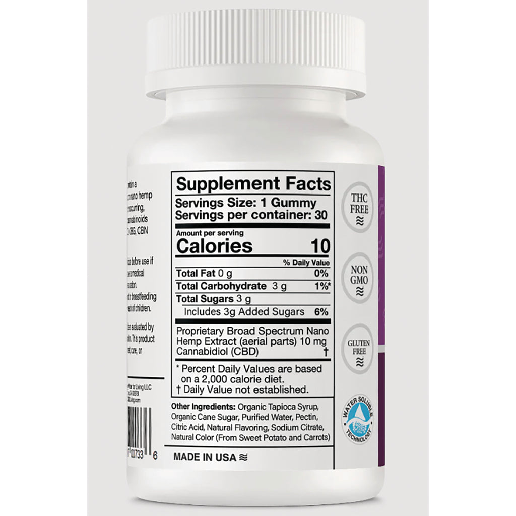 CBD002 | Back label showing Supplement Facts for gummy: Serving size 1 gummy, Calories 10, CBD 10 mg, ingredients and THC free, Non GMO, Gluten Free icons - Thumbnail