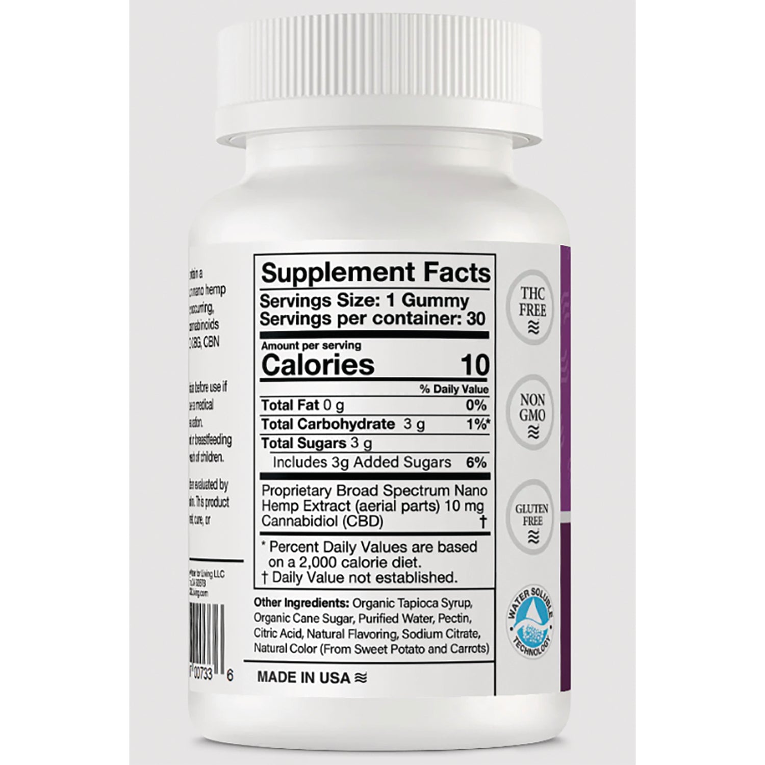 CBD002 | Back label showing Supplement Facts for gummy: Serving size 1 gummy, Calories 10, CBD 10 mg, ingredients and THC free, Non GMO, Gluten Free icons