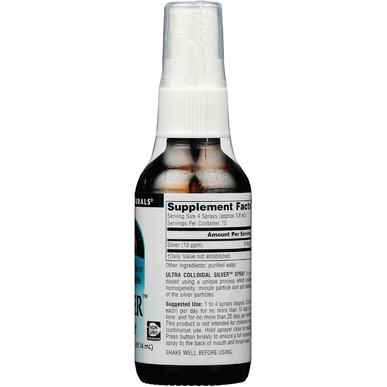 SN269 | Back label with Supplement Facts and suggested use for Ultra Colloidal Silver spray