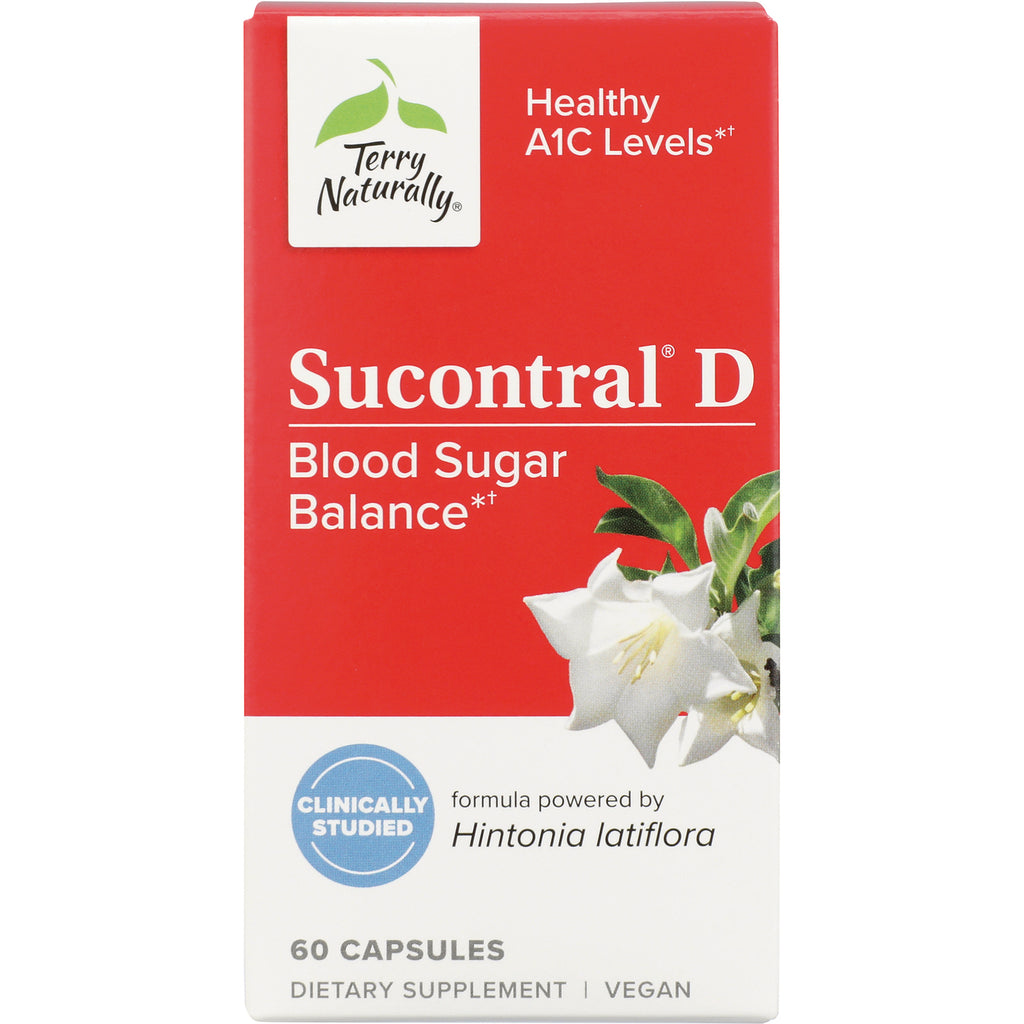 EUR049 | Sucontral D blood sugar balance 60-capsule box, red and white packaging with white flower and Clinically Studied badge - Thumbnail