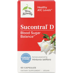 EUR049 | Sucontral D blood sugar balance 60-capsule box, red and white packaging with white flower and Clinically Studied badge