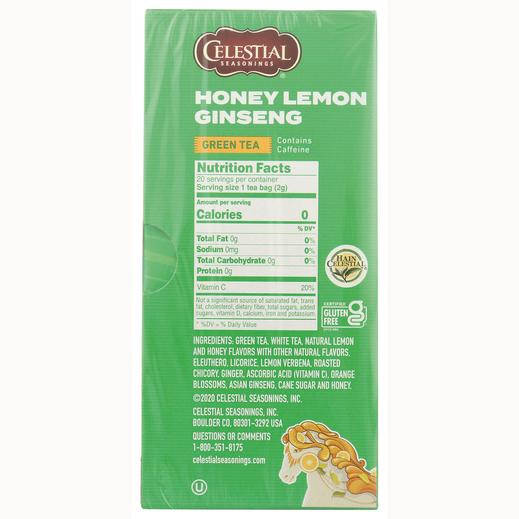 CEL020 | back of Celestial Seasonings Honey Lemon Ginseng green tea box with Nutrition Facts and ingredients - Thumbnail