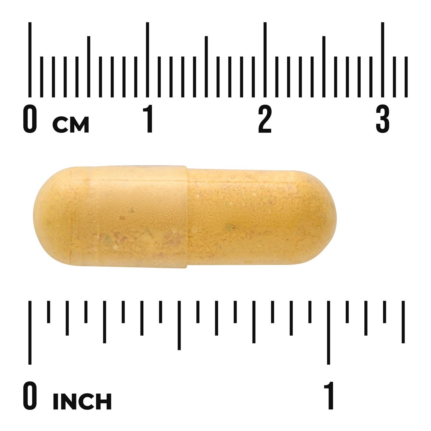 SW256 | Yellow capsule shown to scale with cm and inch ruler markings