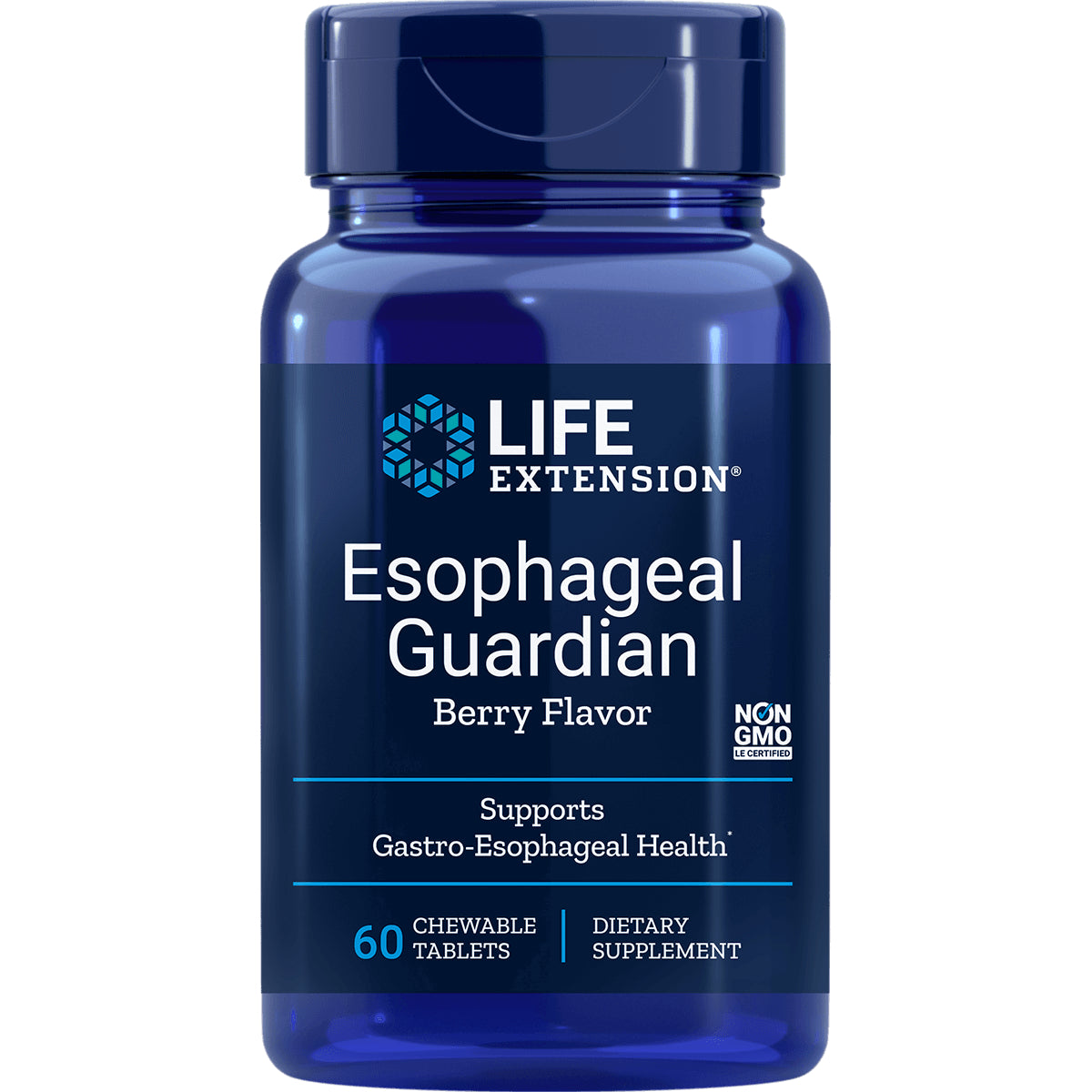 LE566 | Life Extension Esophageal Guardian Berry Flavor bottle front label showing 60 chewable tablets dietary supplement