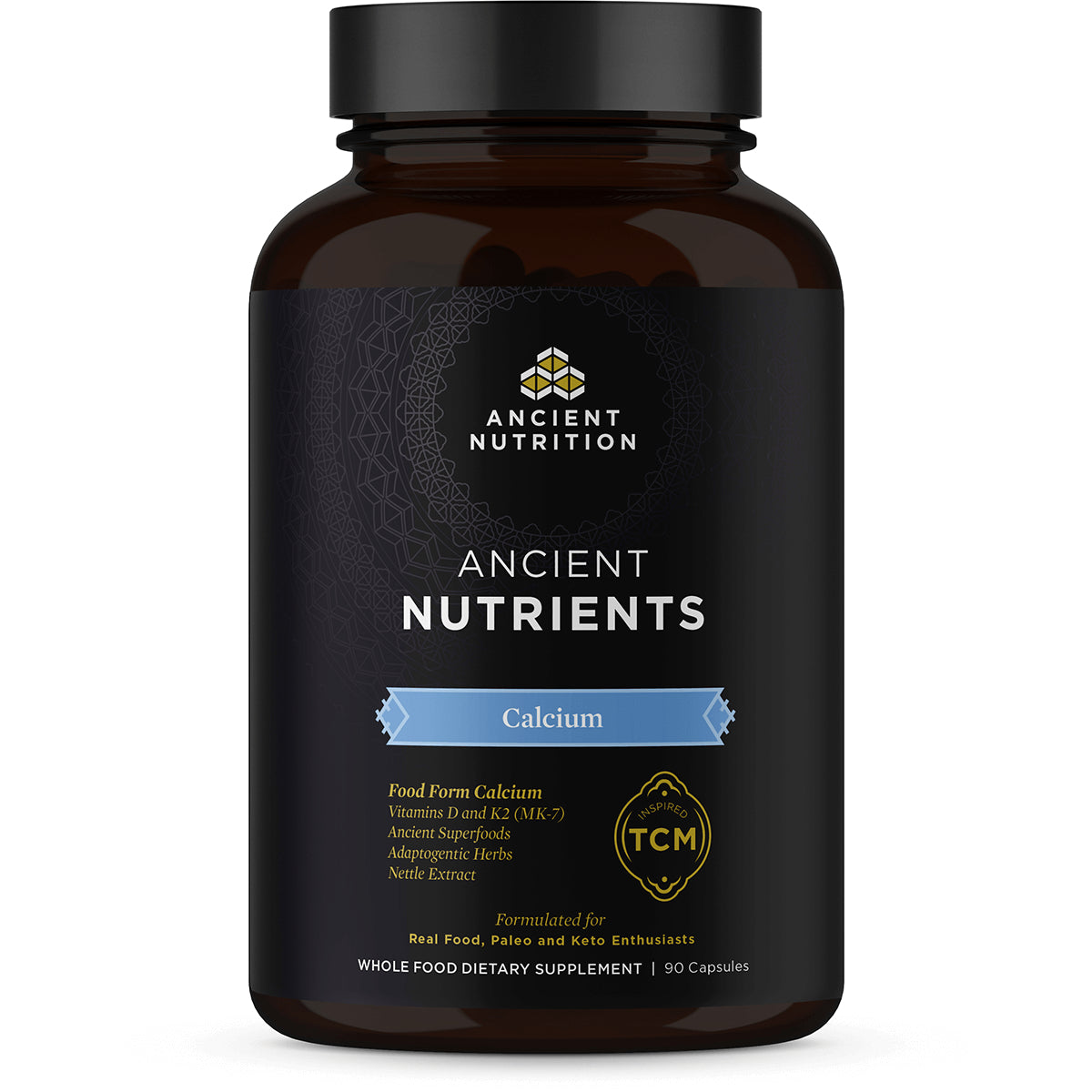 ATN054 | Brown supplement bottle front label Ancient Nutrients with blue ribbon reading Calcium