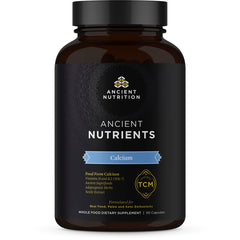 ATN054 | Brown supplement bottle front label Ancient Nutrients with blue ribbon reading Calcium
